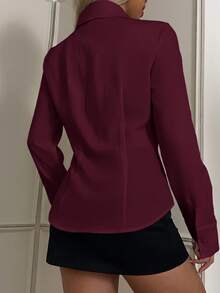 SHEIN EZwear 女款優雅鈕扣收腰長袖襯衫 - 酒紅色 - 查看 2