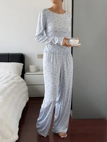 Livesso Women's Floral Bow Decor Long Sleeve Top And Pants Pajama Set - Blue - View 8