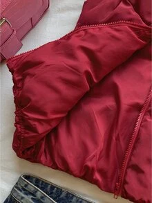 CovetEZ 女款純色拉鍊休閒百搭棉填充背心外套 - 紅色 - 查看 5