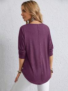 EMERY ROSE Plus Size Fall Women Solid Round Neck Long Sleeve Casual T-Shirt,Spring/Summer/Vacation - Purple - View 1