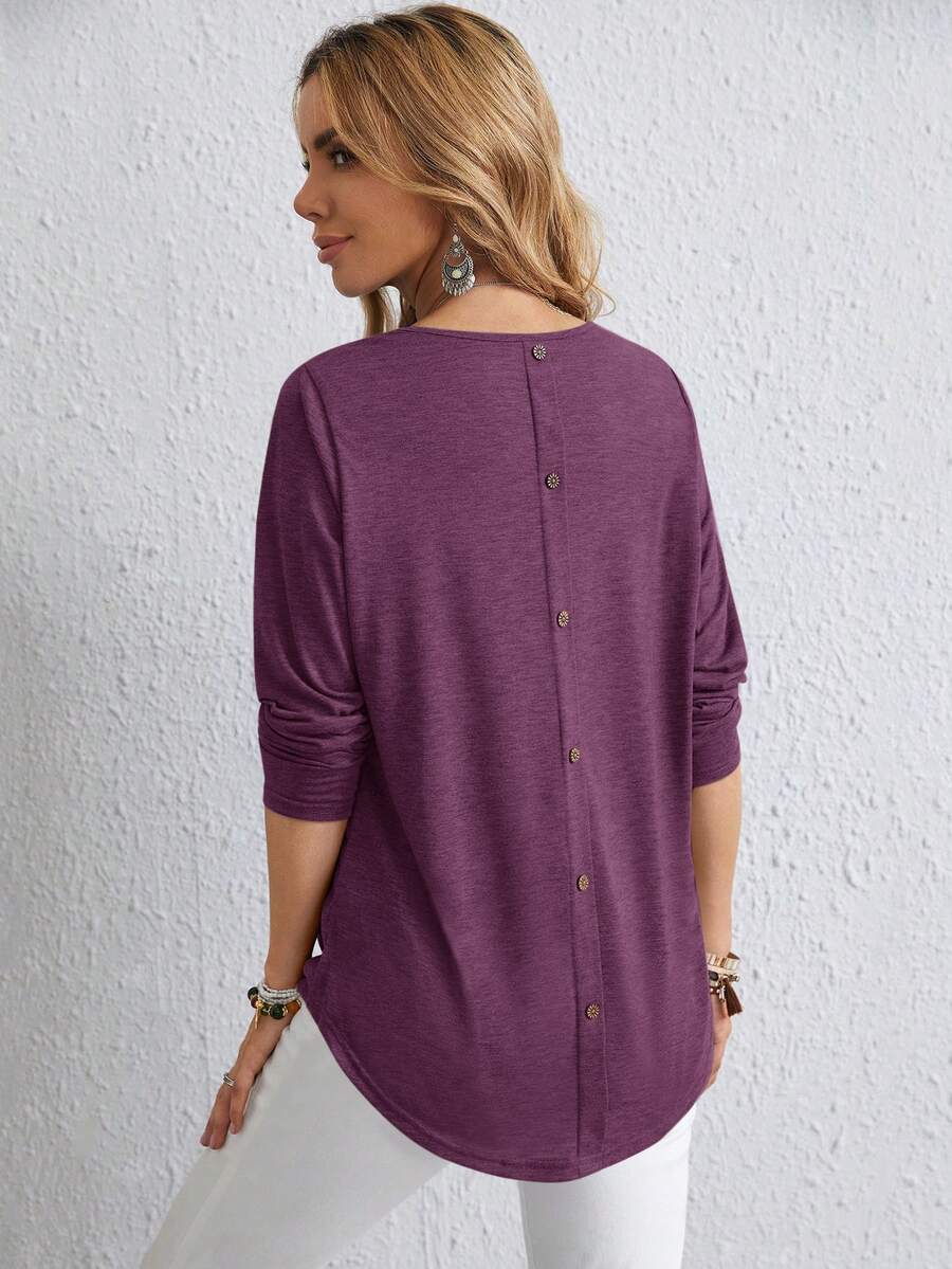 EMERY ROSE Plus Size Fall Women Solid Round Neck Long Sleeve Casual T-Shirt,Spring/Summer/Vacation - Purple - View 1
