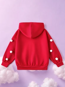 SHEIN X Care Bears 1件少女休閒百搭紅色卡通熊圖案連帽寬鬆長袖衛衣，適合日常穿著、室內、運動、拍照、假期、生日、聖誕節，秋冬適用 - 紅色 - 查看 3