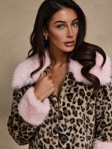 Glamine جاكيت خريف/شتاء بطراز حفلة فاخر، بطبعة نمر عتيقة، فرو صناعي، ياقة وأساور فرو بألوان متباينة، مفتوح من الأمام، أكمام طويلة - بني - مشاهدة 4