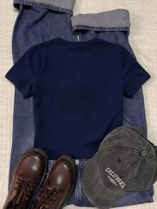 青少年女孩休閒極簡深色Y2K復古哥德風蜘蛛網圖案修身圓領短袖高腰短版基本款T恤，萬聖節氛圍 - 彩色 - 查看 2