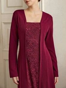 Graceveil Autumn/Winter Burgundy Lace Patchwork Long Sleeve Elegant Long Dress For Wedding And Evening Party - Burgundy - View 4