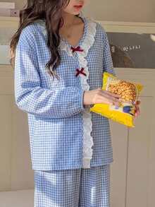 Dazy Kids Tween Girl V-Neck Plaid Long Sleeve Colorblock Casual Loungewear + Straight Leg Pants 2 Pieces Set - Baby Blue - View 4