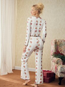 Elorette 2pcs Beige Full Body Floral & Polka Dot Print Frill Trim Romantic Sweet Women's Pajama Set - Beige - View 2