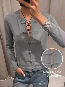 Maija 女款純色長袖休閒復古優雅青蛙鈕扣前開襟針織外套 日常深紫色秋季 - 灰色 - 查看 3