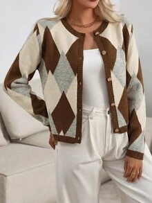 Pariaura Women's Spring Autumn Casual Preppy Vintage Colorblock Diamond Pattern Cardigan Fall Winter Cloth For Women Brunch Office Business White - Coffee Brown - View 6