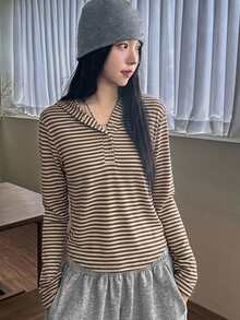 DAZY 女款多功能復古極簡條紋修身顯瘦連帽T恤上衣 - 棕色 - 查看 3