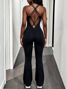 Slayform Women's Solid Color Criss-Cross Back Spaghetti Strap Flare Leg Jumpsuit - Black - View 3