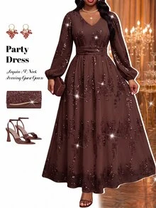 Fleurora Elegant Pink Dress Graduation Cocktail Sequin Ceremony Birthday Wedding Guest Long Party Formal Fall Christmas - Brown - View 8