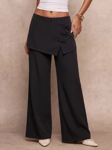 Glamine Women's Autumn Fashion New Chinese Style Frog Button One-Piece Wrap 2 In 1 Design Mid-Waist Flared Wide Leg Long Pants, Elegant Solid Color Trousers For Daily Wear And Commute - Black - View 1