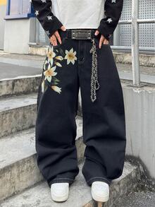 STEELVANCE 男士街頭風花卉印花鈕扣口袋寬鬆牛仔褲（不含腰帶與配件） - 黑色 - 查看 7