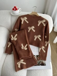 Tween Girl Bow Pattern Long Sleeve Top And Pants Knit Set - Brown - View 2