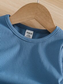 SHEIN 2pcs/Set Baby Girl Outfit, Ribbed Long Sleeve T-Shirt Light Blue Brown Wide Leg Pants Lace Ruffle Waistband, Cowgirl Family Matching Photoshoot - Multicolor - View 3