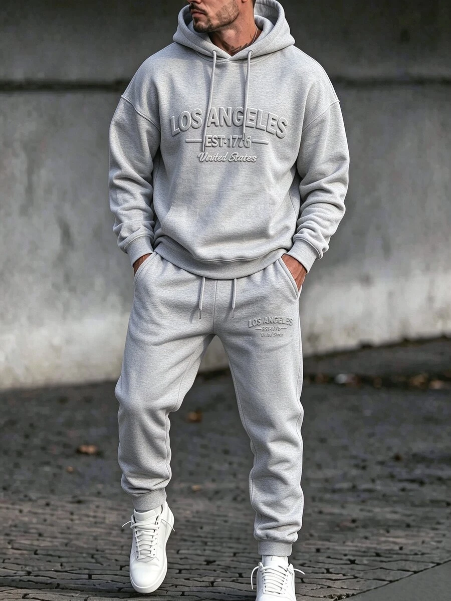 Daypath Men's Letter Embossed Hoodie & Sweatpants 2 Pieces Set - Grey - View 1