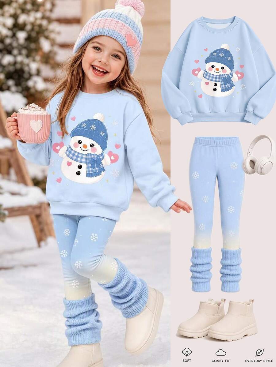 女童雪花印花圓領秋冬衛衣與刷毛內搭褲2件套 Happy Holiday - 彩色 - 查看 1