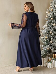 SHEIN CURVE+ Plus Size Women's Fall Patchwork Embroidered Meshv V-Neck Elegant Autumn Wedding Formal Navy Dress - Navy Blue - View 2