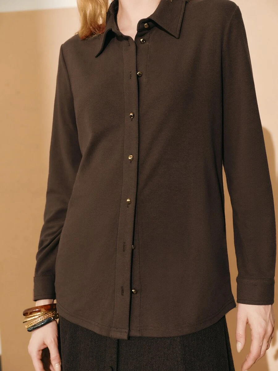 MOTF PREMIUM WOMEN'S AUTUMN/WINTER VELVET STRAIGHT FIT COMMUTER BLOUSE TOP - Brown - View 2
