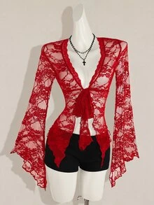SHEIN ICON 女款時尚黑色V領蕾絲上衣，飄逸喇叭袖性感上衣 - 紅色 - 查看 3