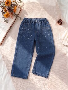 SHEIN Explorewe 女童牛仔長褲，秋季新品，深藍色，彈性腰頭抽繩設計，寬鬆版型，輕量柔軟牛仔布料 - 深色水洗藍 - 查看 6