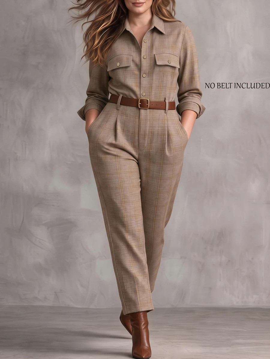 Linhara CURVE Plus Size Woven Fashionable Check Pattern Autumn Women's One-Piece Pants - Brown - View 1