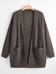SHEIN LUNE 大尺碼雙口袋休閒設計針織開襟衫，女款秋冬冬季衣物 - 灰色 - 查看 1