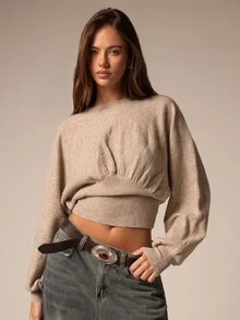 Athîral Fitted Cinched Waist Balloon Batwing Sleeve Knit Sweater Winter Night Out Going Out Streetwear Cute - Khaki - View 3