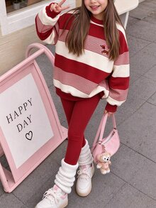 復古甜美紅色條紋臘腸狗圖案 女孩休閒極簡圓領套頭運動衫與刷毛內搭褲 2件套，秋冬新款日常返校穿搭，奶奶風復古時髦，甜美俏皮女孩，美式復古學院風，隨性時尚 - 白色 - 查看 3