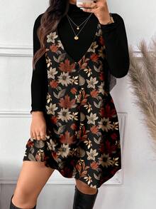 SHEIN Frenchy Casual 2-delat set för kvinnor i plus size med topp med fallande lönnlövsprint och enfärgad klänning, ny höststil - Multifärgad - Visa 3