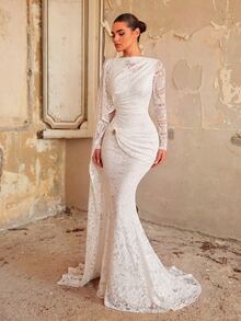 Aureia Elegant Romantic White Lace Long Sleeve Ruched Flounce Metallic Decor Fitted Mermaid Hem Patchwork With Train Evening Gown For Gala Single Party Date Ball Vacation Wedding Event - White - View 4