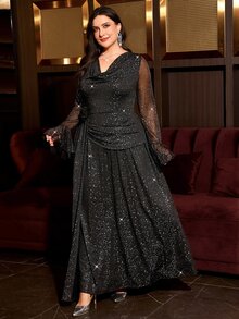 SHEIN Clasi فستان مقاس كبير بياقة كول مزين بالترتر وزخارف زهرية ثلاثية الأبعاد - الذهبي - مشاهدة 4
