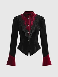 ROMWE Autumn/Winter Gothic Christmas Court Style Embroidered Leg-Of-Gigot Sleeve Cinched Waist Velvet Jacket - Black - View 1