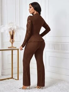 SHEIN Lady 女款優雅通勤辦公教堂晚餐蕾絲拼接上衣與長褲兩件套 皇家藍 秋季 - 棕色 - 查看 2