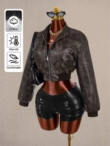 Amplova Women's Winter Cropped PU Material Aviator Jacket - Grey - View 7