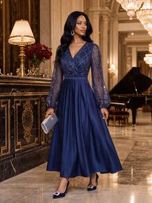 Fleurora Women's Elegant Sequin Satin V-Neck Dress - Navy Blue - View 4