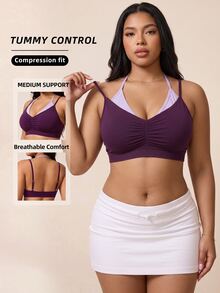 Plus Size Ruched 2 In 1 Sports Bra - Purple - View 1