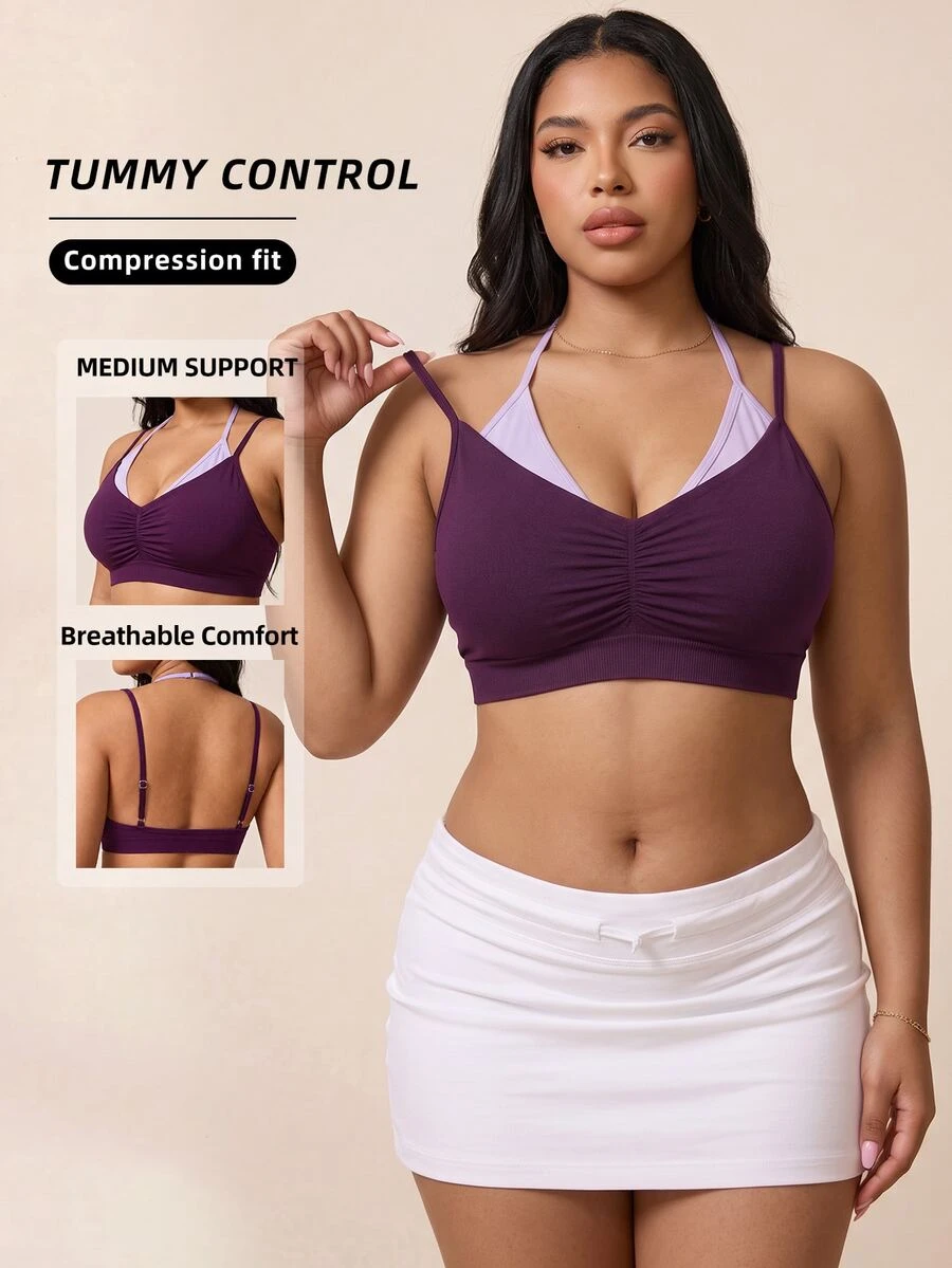 Plus Size Ruched 2 In 1 Sports Bra - Purple - View 1