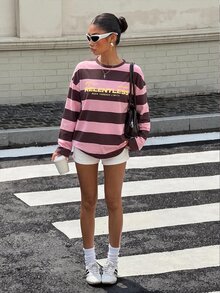 Muchica Women's Letter Print Striped Casual Daily Long Sleeve T-Shirt - Multicolor - View 5