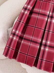 SHEIN 青少年女孩格紋百褶迷你裙褲，學院風校園風 - 紅色 - 查看 7
