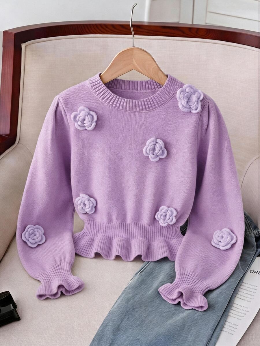 SHEIN 少女甜美 3D 裝飾荷葉邊下擺針織衫 - 紫色 - 查看 1