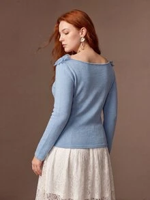 MOTF PREMIUM PLUS SIZE WOMEN'S AUTUMN/WINTER KNIT 3D FLORAL T-SHIRT - Dusty Blue - View 7