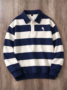 Daypath Men's Button Collar Pullover Sweatshirt, Minimalist Logo Sweatshirt, Suitable For School, Outings - Blue - View 1