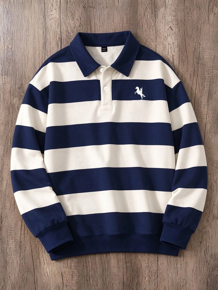 Daypath Men's Button Collar Pullover Sweatshirt, Minimalist Logo Sweatshirt, Suitable For School, Outings - Blue - View 1
