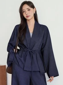 Dazy-Less Women's 2 Pieces Set: Blue Round Neck Long Sleeve Slim Fit Waist Top With High Waist Loose Wide Leg Pants, Autumn/Winter - Blue - View 6