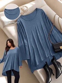 Enliva 大尺碼女款寬鬆蝙蝠袖不對稱下擺高低 T-shirt，圓領純色彈性柔軟舒適，灰色，適合秋季休閒、夜店、度假、辦公 - 霧霾藍 - 查看 7