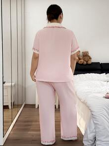Napfluff CURVE Napfluff CURVE Plus Size Women's Striped Print Short Sleeve & Long Pants Pajama Set, Floral Lace Trim Design, Fresh Style, Suitable For All Seasons - Pink - View 2