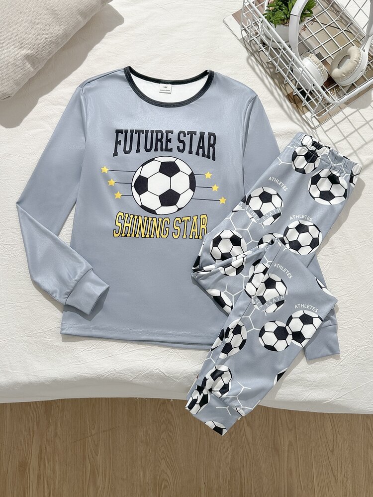 SHEIN Tween Boy Soccer Pattern Crew Neck Long Sleeve Pants Casual Comfortable Fitted Home Sleepwear Set 2pcs - Black - View 1