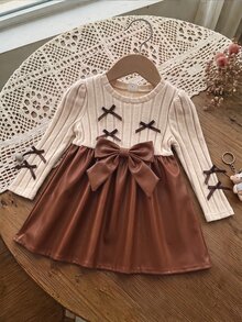 SHEIN Cute Knitted Bowknot Colorblock Long Sleeve Dress For Baby Girls - Khaki - View 9